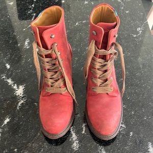 Fluevog, red leather, lace-up, heeled boots. Next to new. Size 8.5.